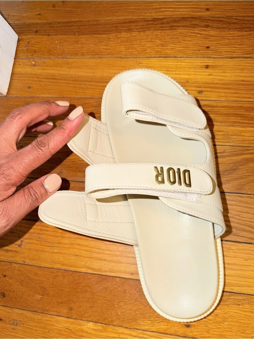 Cream Leather Double-Strap Slides with Gold DIOR Logo, Size 9. (EU 40) - Picture 8 of 8